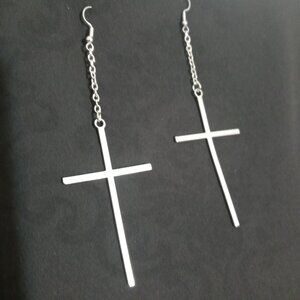 Silver Cross Dangle Earrings – Edgy Gothic Statement Jewelry